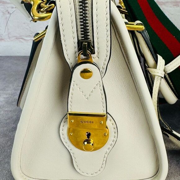 Authentic Gucci Web Sherry Line 2 Way Small Bauletto Leather Bag 715772 White - Picture 5 of 16